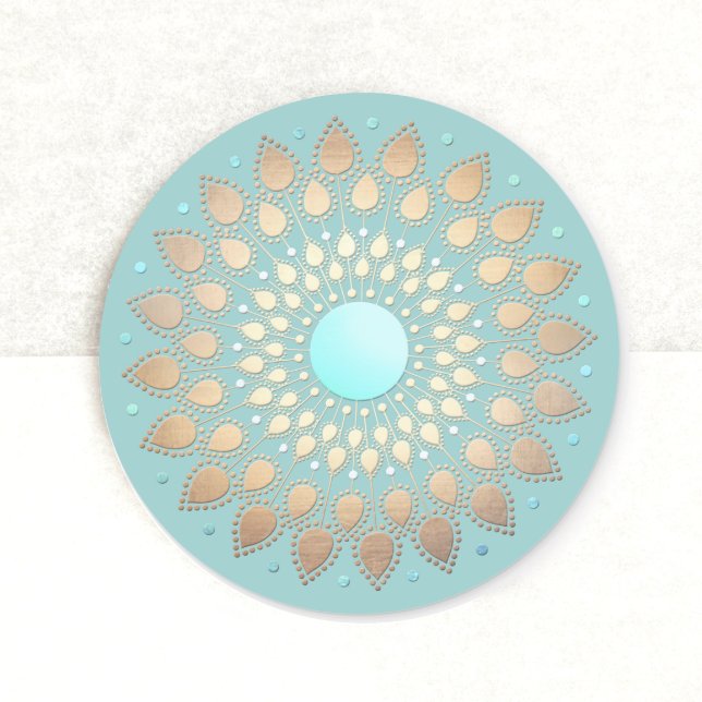 Gold Lotus Floral Mandala Teal Blue Classic Round Sticker (Creator Uploaded)