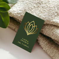 Gold Lotus flower | Green | wellness massage yoga Business Card