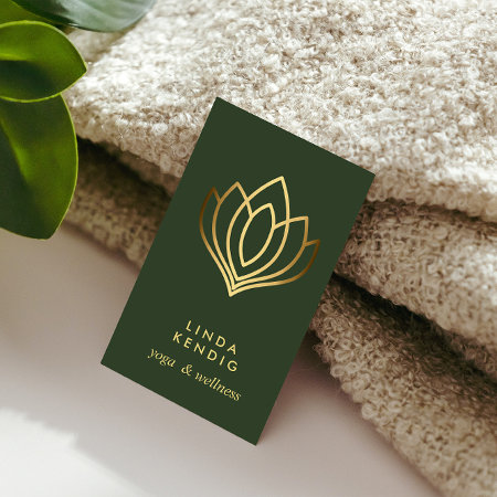 Gold Lotus Flower | Green | Wellness  Massage Yoga Business Card