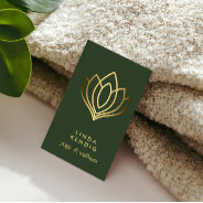 Gold Lotus Flower | Green | Wellness  Massage Yoga Business Card at Zazzle