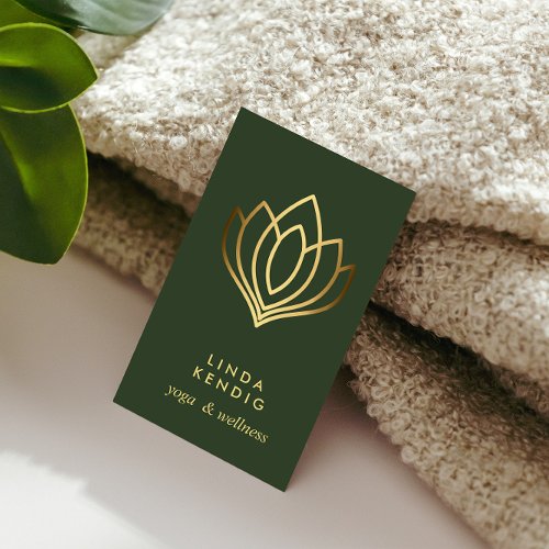 Gold Lotus flower  Green  wellness  massage yoga Business Card