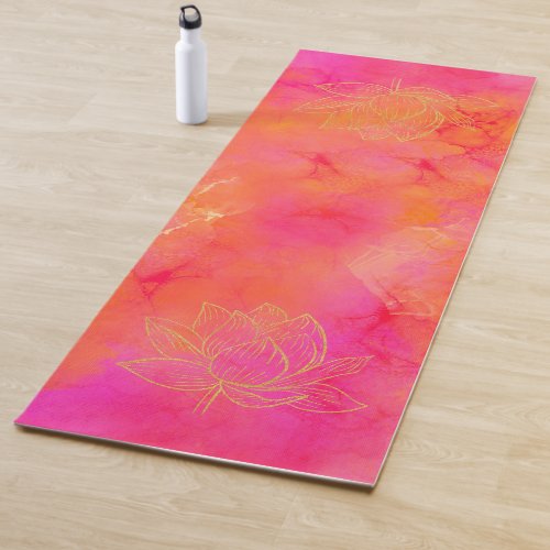 Gold Lotus Flower Illustration Pink Ink Art Yoga Mat