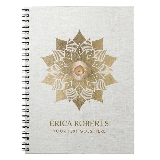 Gold Lotus Flower Mandala Yoga Classy Linen Notebook (Front)