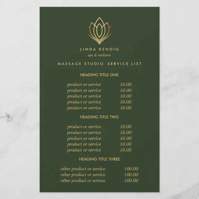Gold Lotus Green Spa & Massage Pricing & Services Flyer Zazzle