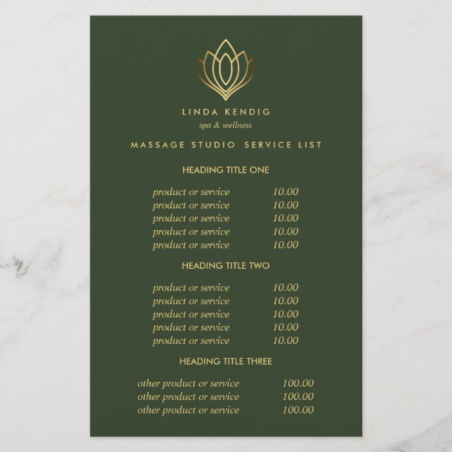 Gold Lotus Green Spa & Massage  Pricing & Services Flyer (Front)