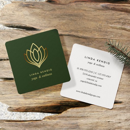 Customizable Gold lotus | Green | wellness spa massage yoga Square Business Card