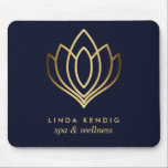 Gold lotus logo Blue | Personalized add your name Mouse Pad<br><div class="desc">Elegant business cards for massage studios,  massage therapy,  spas or wellness professionals feature a faux gold foil lotus flower illustration.
Customize the front with two lines of custom text on modern blue background using the template.
 A chic design for any wellness industry or holistic health related profession</div>