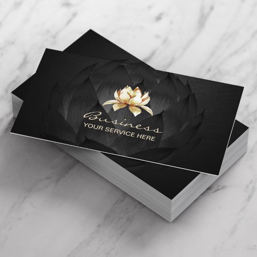 Gold Lotus Logo Elegant Black Floral Business Card