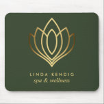 Gold lotus logo Green | Personalized add your name Mouse Pad<br><div class="desc">Elegant business cards for massage studios,  massage therapy,  spas or wellness professionals feature a faux gold foil lotus flower illustration.
Customize the front with two lines of custom text on trendy hunter green background using the template.
 A chic design for any wellness industry or holistic health related profession</div>