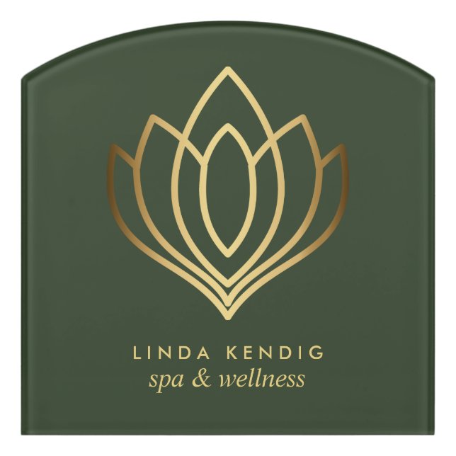 Gold lotus logo | Green | Yoga wellness massage Door Sign (Contour Front)