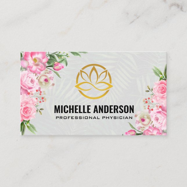 Gold Lotus Logo | Pink Flowers | Palm Business Card (Front)