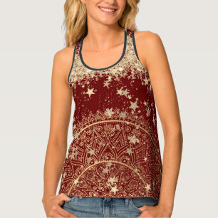 Gold Lotus Mandala Glittery Gold Stars on Red  Tank Top