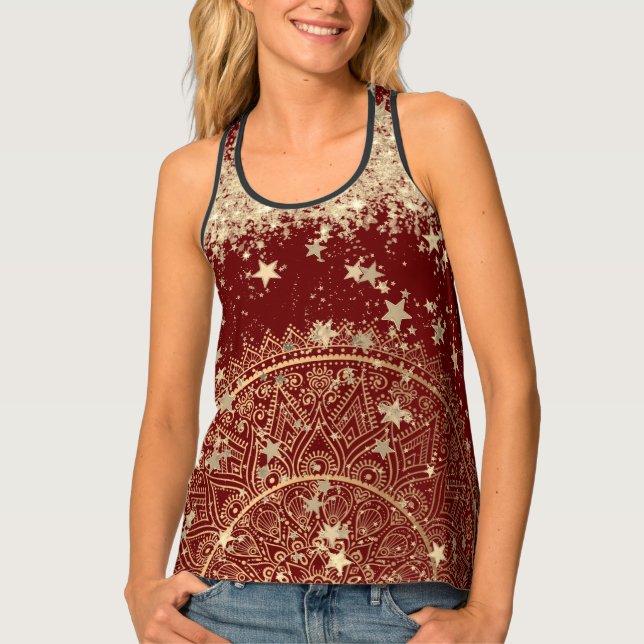 Gold Lotus Mandala Glittery Gold Stars on Red  Tank Top (Front)