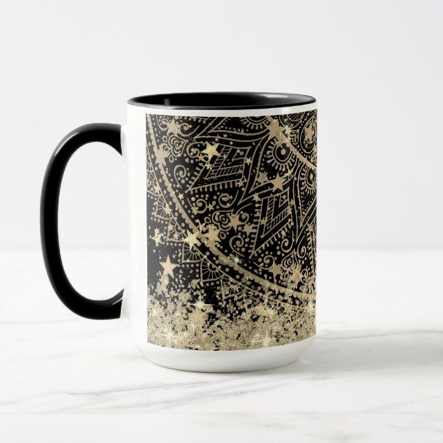 Gold Lotus Mandala  Gold Stars Glitter on Black Mug (Left)
