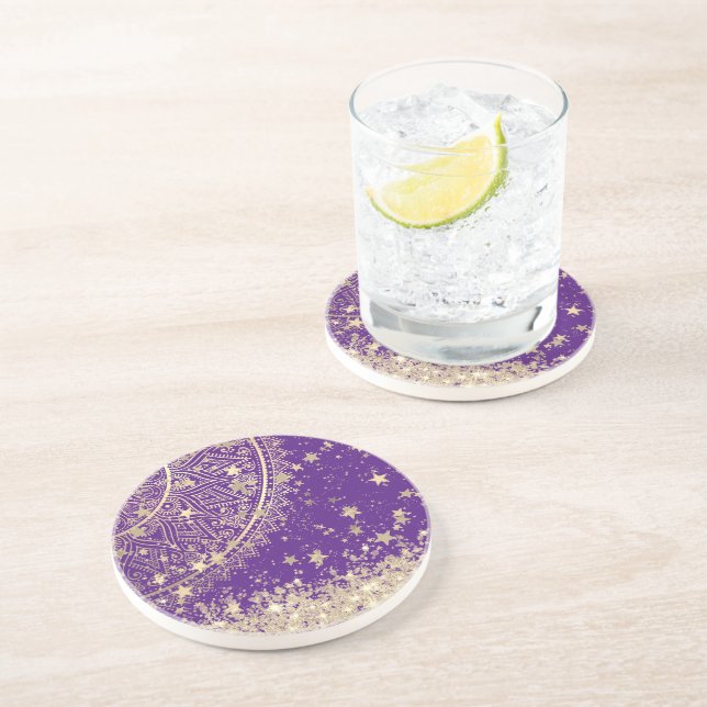 Gold Lotus Mandala with Gold Stars on Purple  Coaster (Side)
