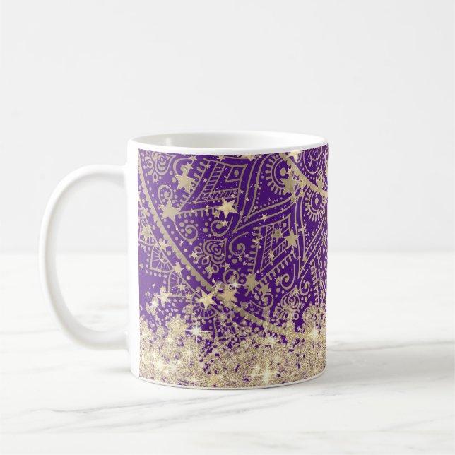 Gold Lotus Mandala with Gold Stars on Purple Coffee Mug (Left)