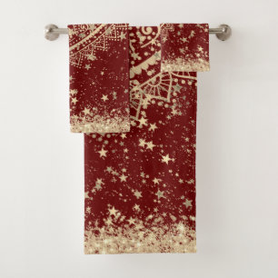 Gold Lotus Mandala with Gold Stars on Red Bath Towel Set