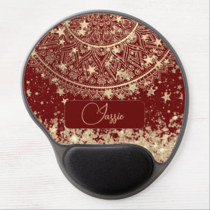 Gold Lotus Mandala with Gold Stars on Red Gel Mouse Pad