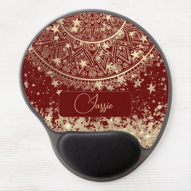 Gold Lotus Mandala with Gold Stars on Red Gel Mouse Pad (Front)