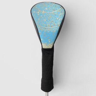 Gold Lotus Mandala with Gold Stars on Turquoise Golf Head Cover
