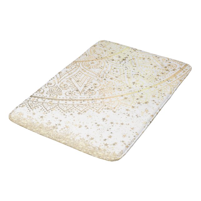 Gold Lotus Mandala with Gold Stars on White    Bath Mat (Angled)