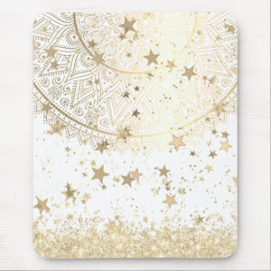Gold Lotus Mandala with Gold Stars on White Mouse Pad