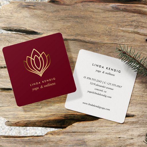 Customizable Gold lotus | marsala | wellness spa massage yoga square business card