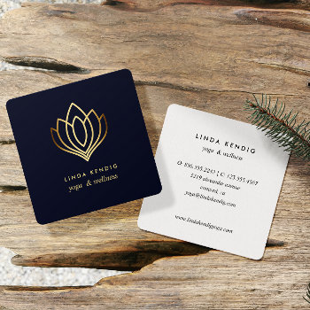 Gold Lotus | Navy Blue | Wellness Spa Massage Yoga Square Business Card by Citronellapaper at Zazzle