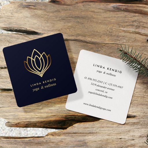 Customizable Gold lotus | Navy Blue | wellness spa massage yoga Square Business Card
