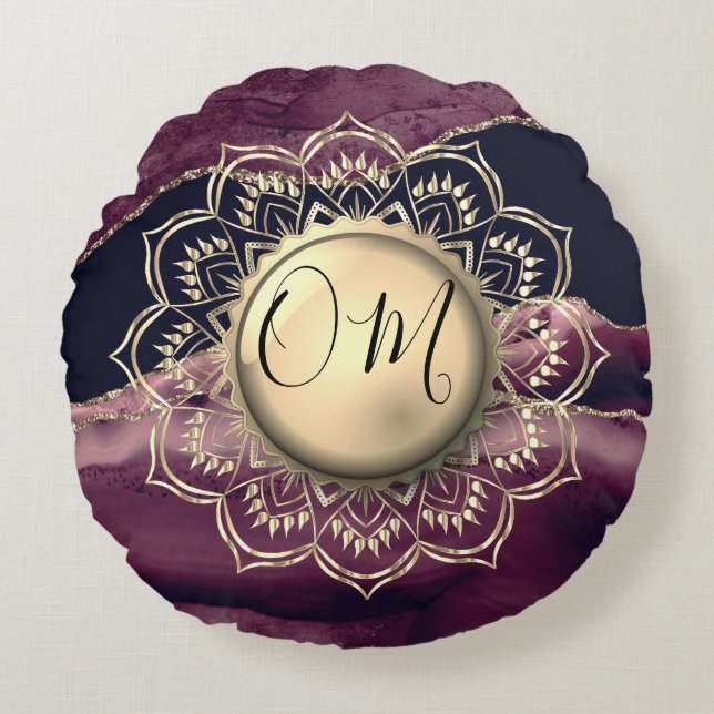 Gold Lotus OM Mandala Purple Agate Round Pillow (Front)