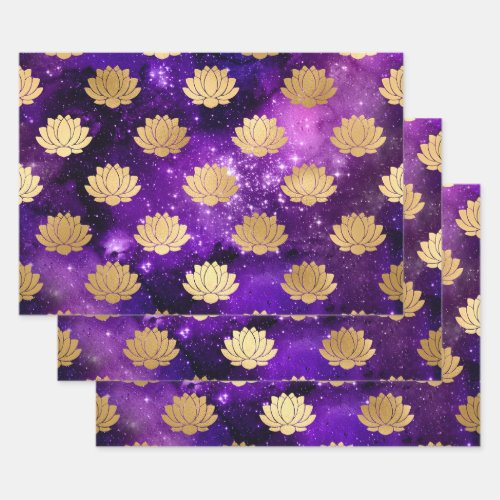 Gold Lotus on Purple Galaxy Wrapping Paper Sheets