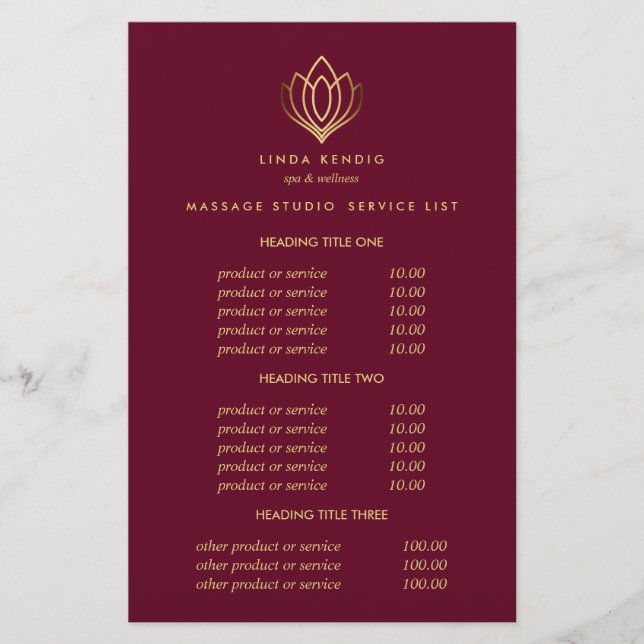Gold Lotus Ruby  Spa & Massage  Pricing & Services Flyer (Front)