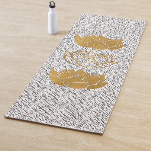 Gold Lotus Silhouettes on Black  White Pattern Yoga Mat