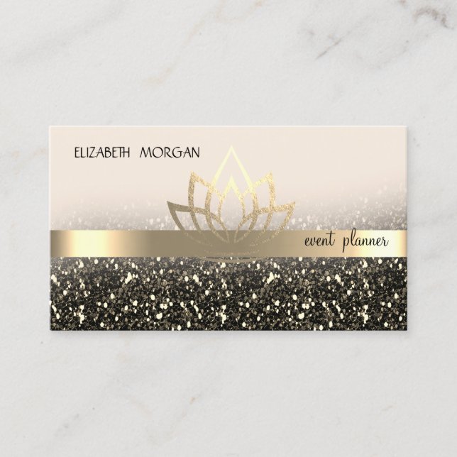 Gold Lotus Stripe Black Sequins Business Card (Front)