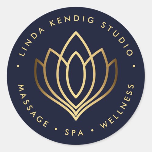 Gold lotus yoga symbol  Blue wellness massage spa Classic Round Sticker