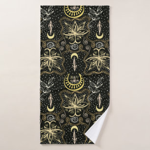 Gold lotuses seamless crescent pattern. Golden col Bath Towel