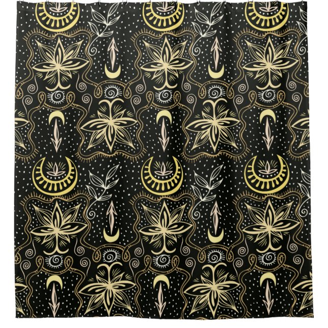 Gold lotuses seamless crescent pattern. Golden col Shower Curtain (Front)