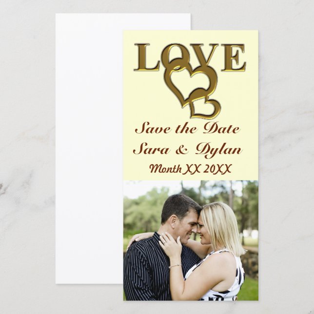 Gold Love and Hearts Save the Date Photocard (Front/Back)