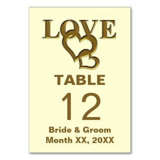 Gold Love and Hearts Wedding Individual Table Number