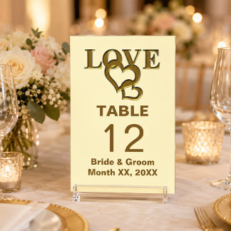 Gold Love and Hearts Wedding Individual Table Number