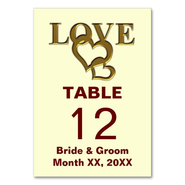Gold Love and Hearts Wedding Table Card (Front)