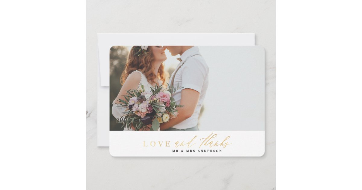 Gold love and thanks wedding thank you card | Zazzle