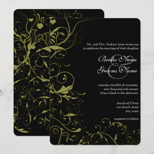 Gold Love Birds & Swirls Wedding  Invitation (Front/Back)