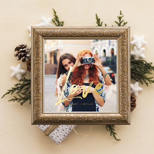 Gold Love Brush Script Overlay Couple Photo Memory Foil Prints (Gold Love Brush Script Overlay Couple Photo Memory Foil Prints)