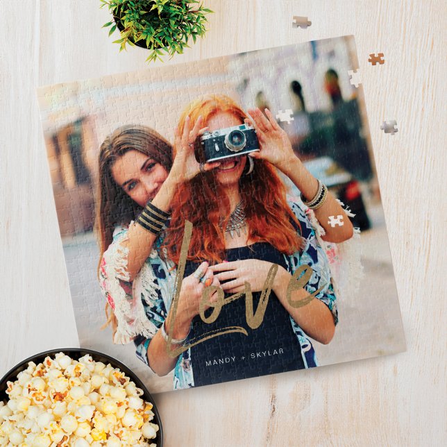 Gold Love Brush Script Overlay Couple Photo Memory Jigsaw Puzzle (Gold Love Brush Script Overlay Couple Photo Memory Jigsaw Puzzle)