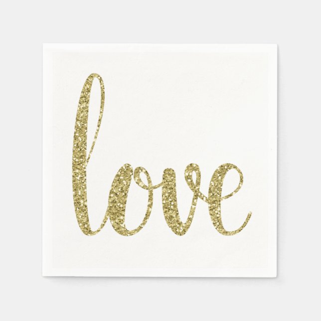 Gold love cocktail napkins, glitter paper napkins (Front)