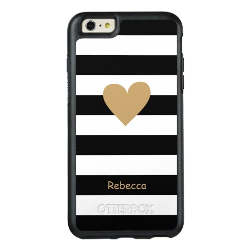 Gold Love Heart Black White Stripes Monogram Name OtterBox iPhone 66s Plus Case