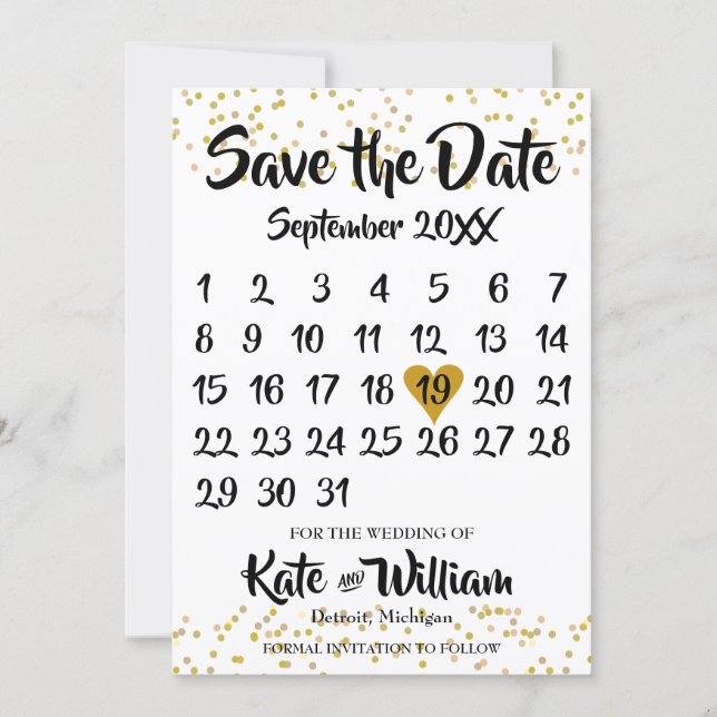 Gold Love Heart Calendar Save the Date (Front)