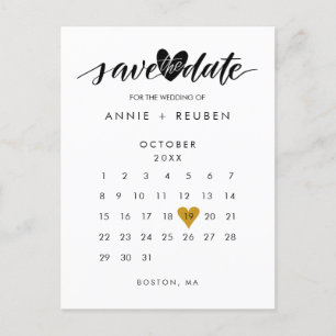 Gold Love Heart Calendar Save the Date Announcement Postcard