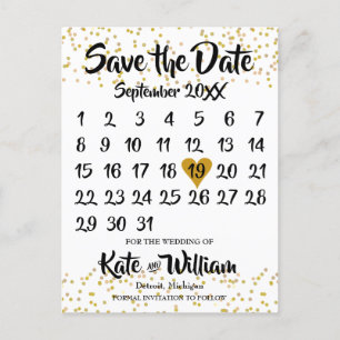 Gold Love Heart Calendar Save the Date Announcement Postcard